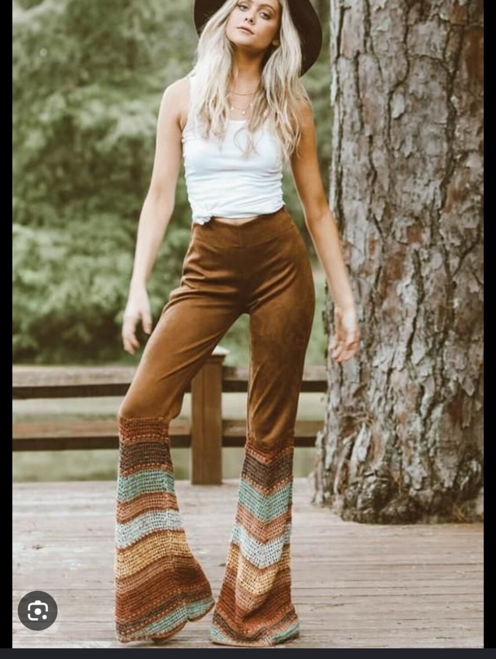 Judith March Brown Suede Flare Pants with Multicolor Crochet Panels Small